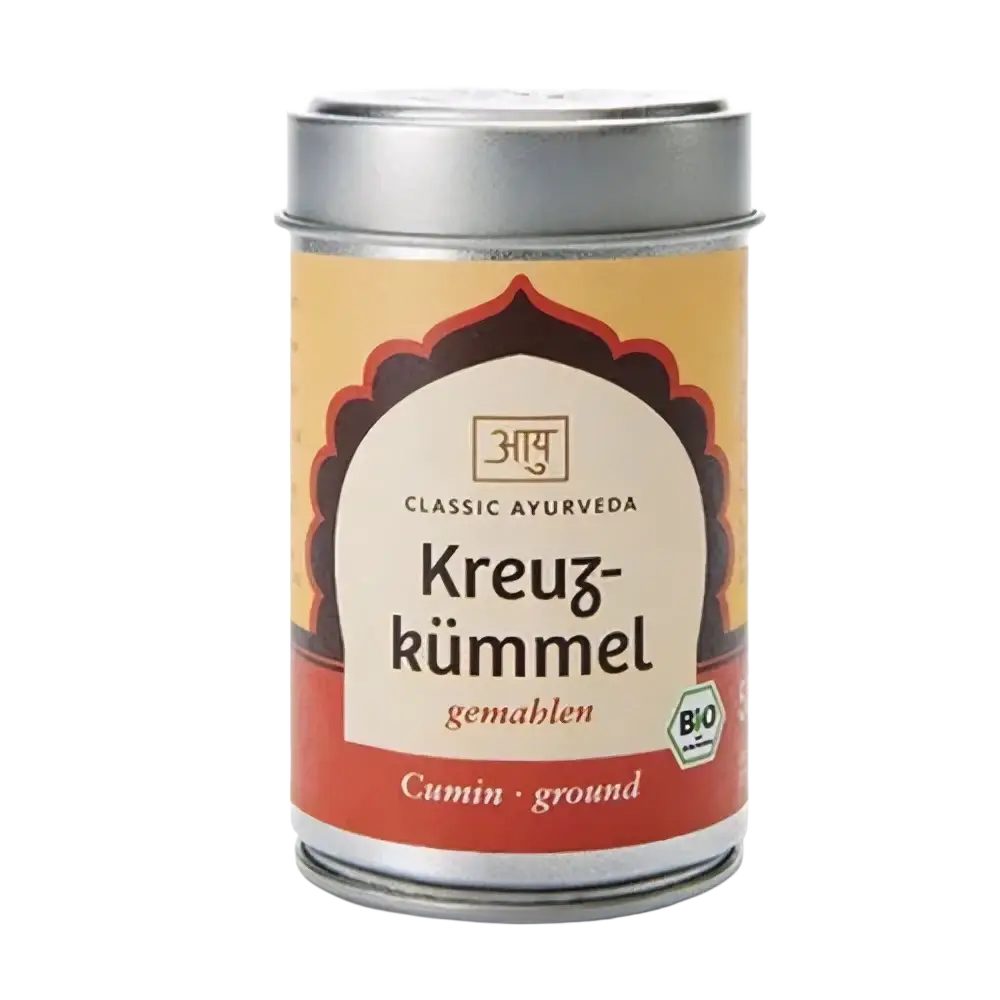 Gemahlener Bio-Kreuzkümmel von Classic Ayurveda in einem zylindrischen Metallbehälter, Gewürze, 90g.