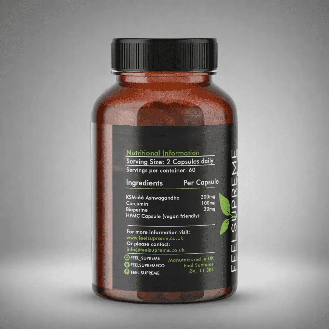 Veganer KSM-66® Ashwagandha mit Kurkumin in Nahrungsergänzung, natürliche Kapseln, Feel Supreme Marke