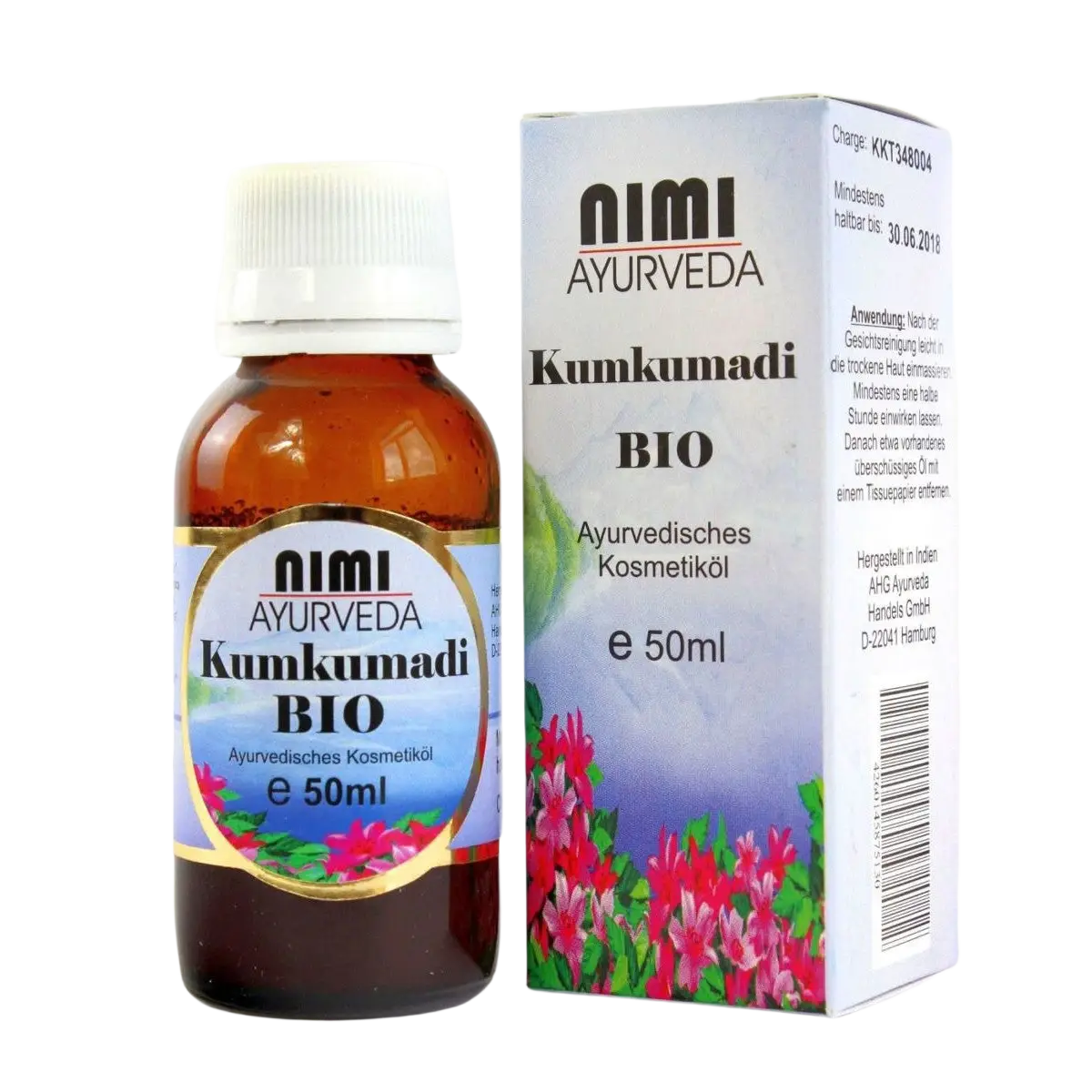 AHG Kumkumadi Bio Massageöl für natürliche Schönheit und strahlende Haut, Flasche mit goldenem Elixier in dunklem Flakon