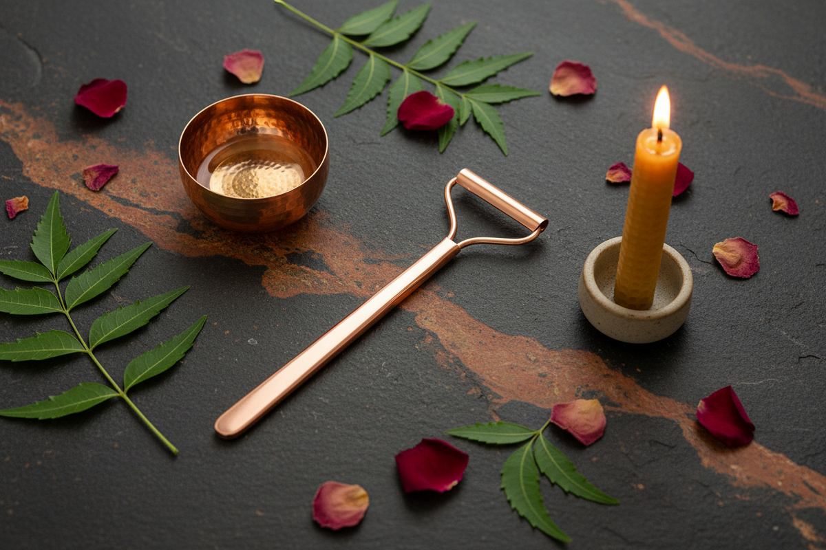 Kupfer-Gesichtsroller, Singing Bowl und Kerze auf dunklem Stein mit Blättern und Rosenblüten