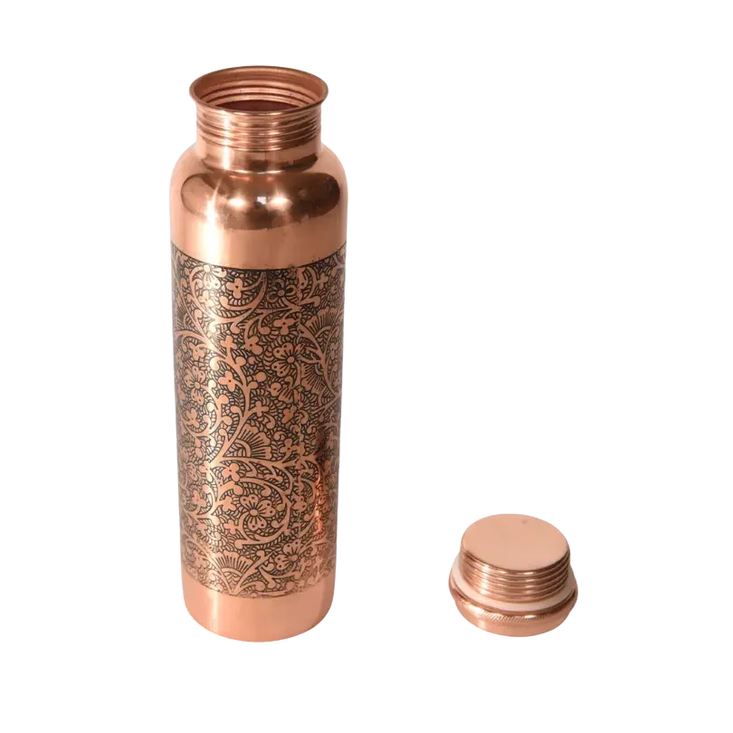 Kupferflasche 950 ml von Mana Shop, ayurvedische Trinkflasche Typ 2 aus Kupfer, mit rotem Verschluss, für gesunde Getränke.
