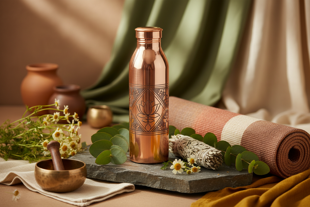 Kupferflasche mit Lotus-Gravur, Yogamatte und Räucherwerk für einen gesunden Lifestyle