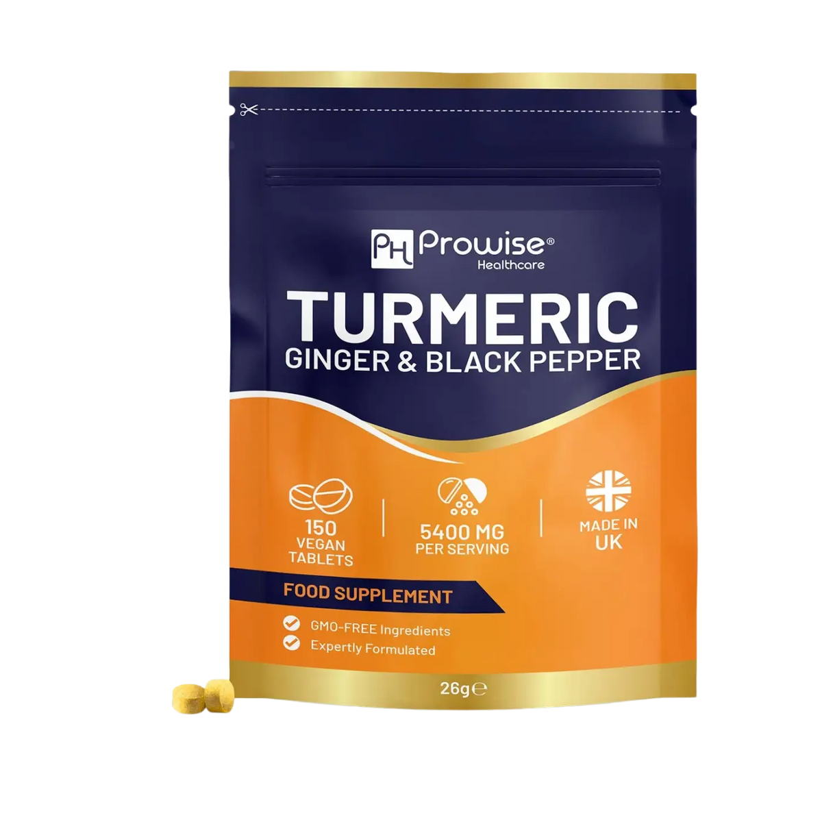 Kurkuma Tabletten von Prowise Healthcare, 5400 mg, mit schwarzem Pfeffer und Ingwer, in einer offenen Packung mit Tabletten