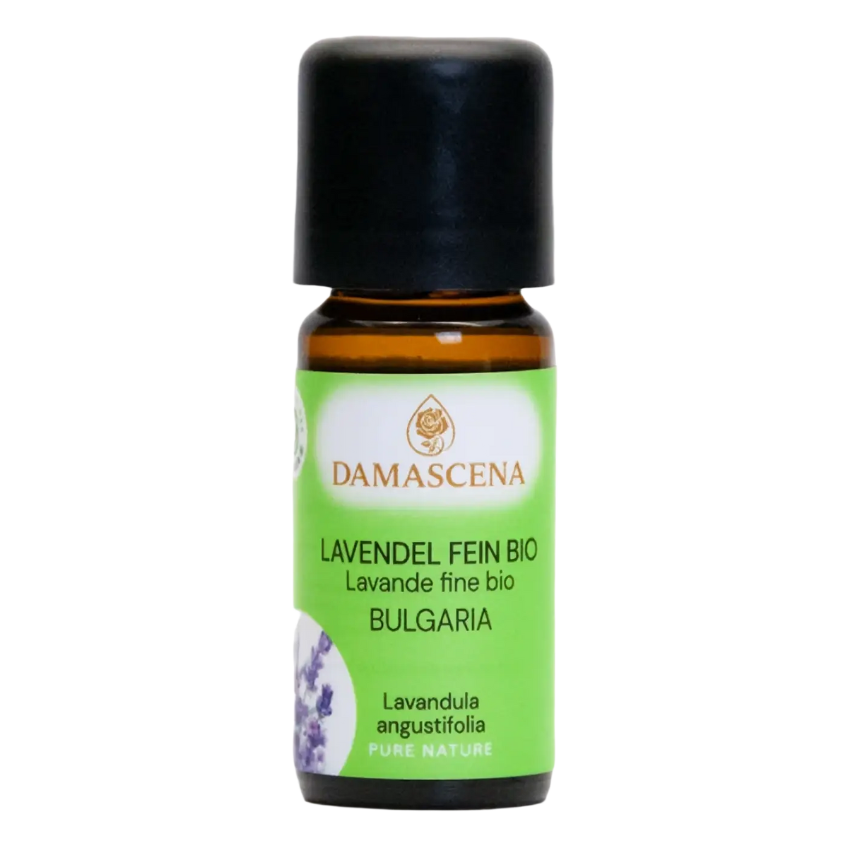 Ätherisches Lavendelöl fein bulgarisch BIO von Damascena in 10ml Flasche, sichtbarer Lavendel im Fläschchen
