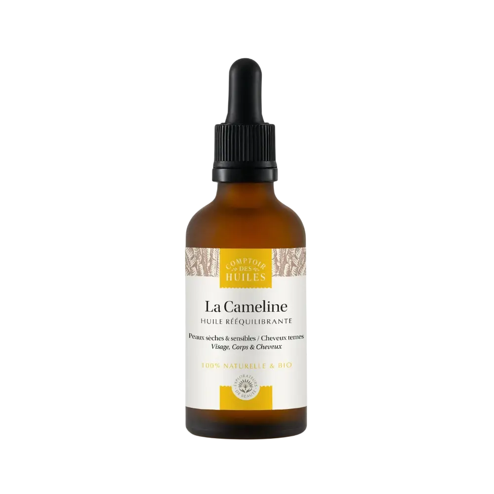Bio Leindotteröl von COMPTOIR DES HUILES, geeignet für Gesicht, Körper und Haare, in einer eleganten Flasche.