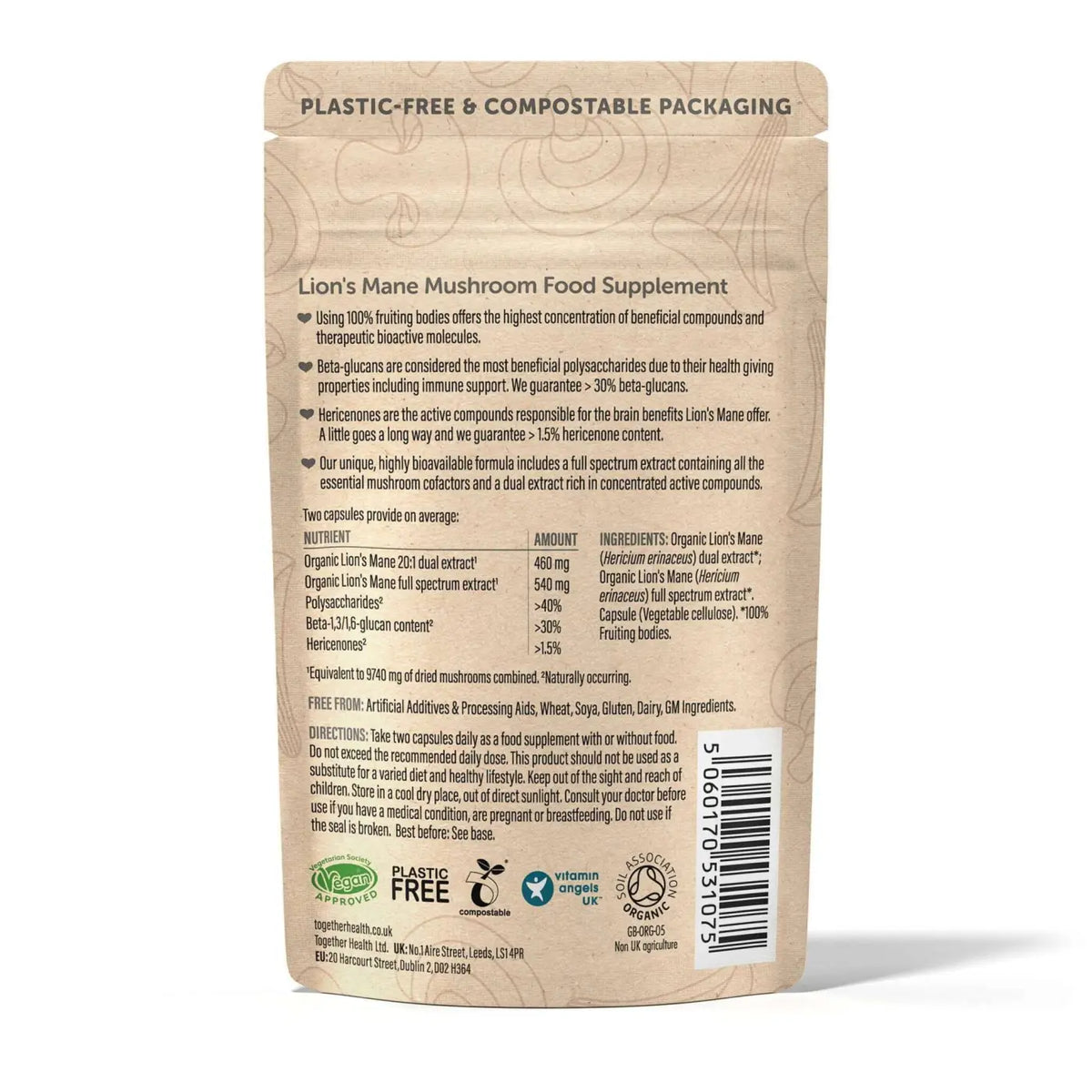 Bio Lion’s Mane Kapseln von Together Health, Nahrungsergänzung mit Löwenmähne Extrakt, 60 Kapseln in einer Verpackung sichtbar
