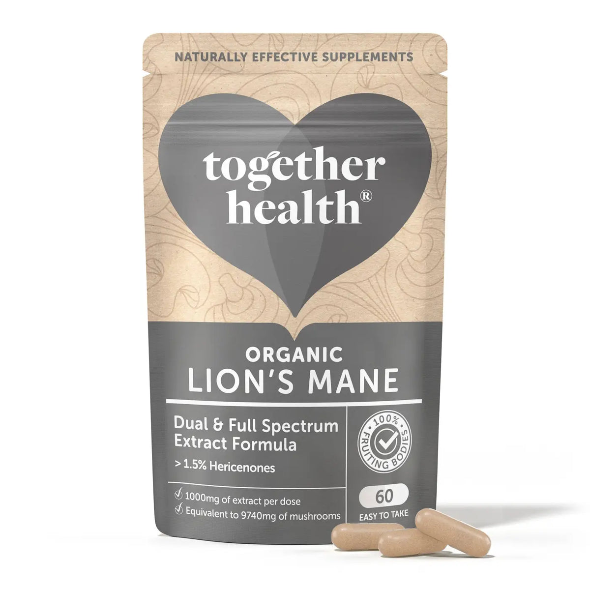 Bio Löwenmähne Kapseln von Together Health, Nahrungsergänzung mit Lion’s Mane Extrakt, 60 Stück in Dose.