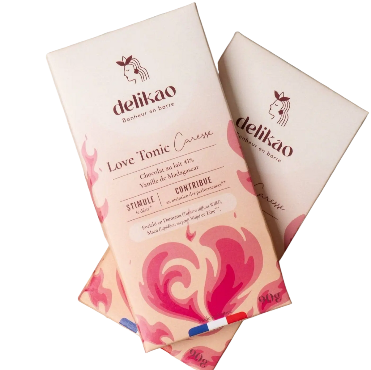 Delikao Love Tonic Caresse Kuss-Schokolade mit Vanille, aphrodisierend und libido-steigernd, in einer eleganten Schachtel.