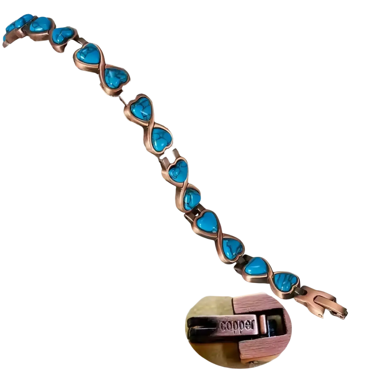 Delikates magnetische kupferarmband mit türkisfarbenen herzsteinen aus reinem kupfer in verschlungenem design