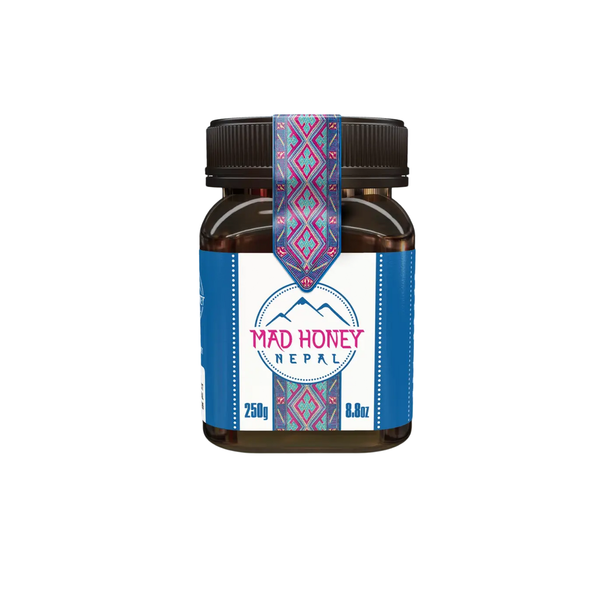Braunes Glasgefäß mit Mad Honey Nepal Nahrungsergänzungsmittel 250 g, Honig in dunklem Glasbehälter