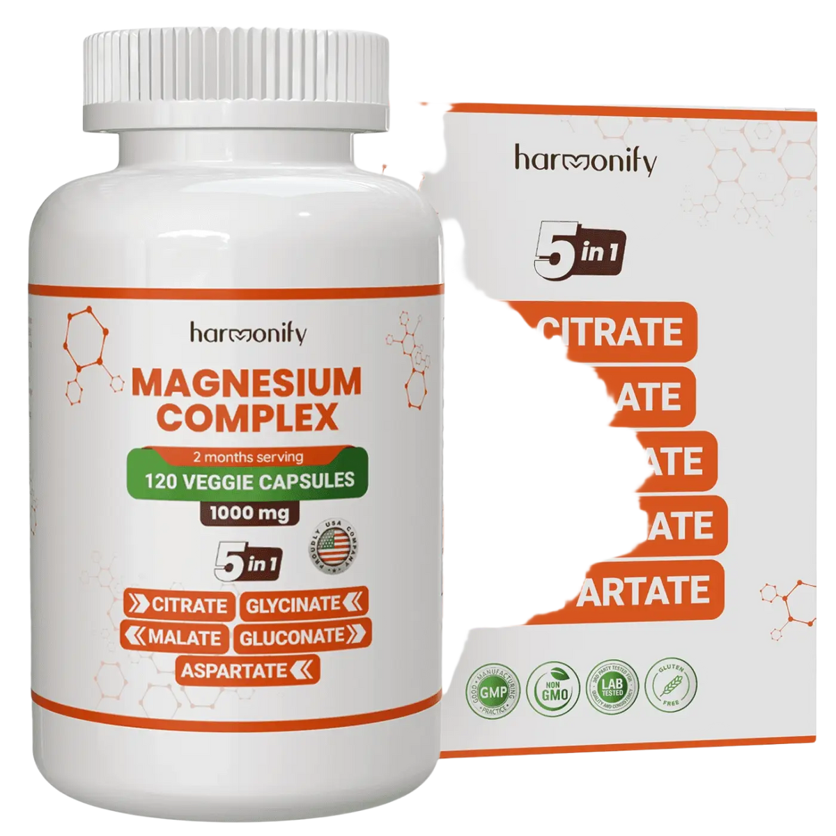 HARMONIFY Magnesium 5 in 1 Komplex, 1000 mg Glycinat, Nahrungsergänzung, zeigt die Flasche mit Tabletten auf weißem Hintergrund.