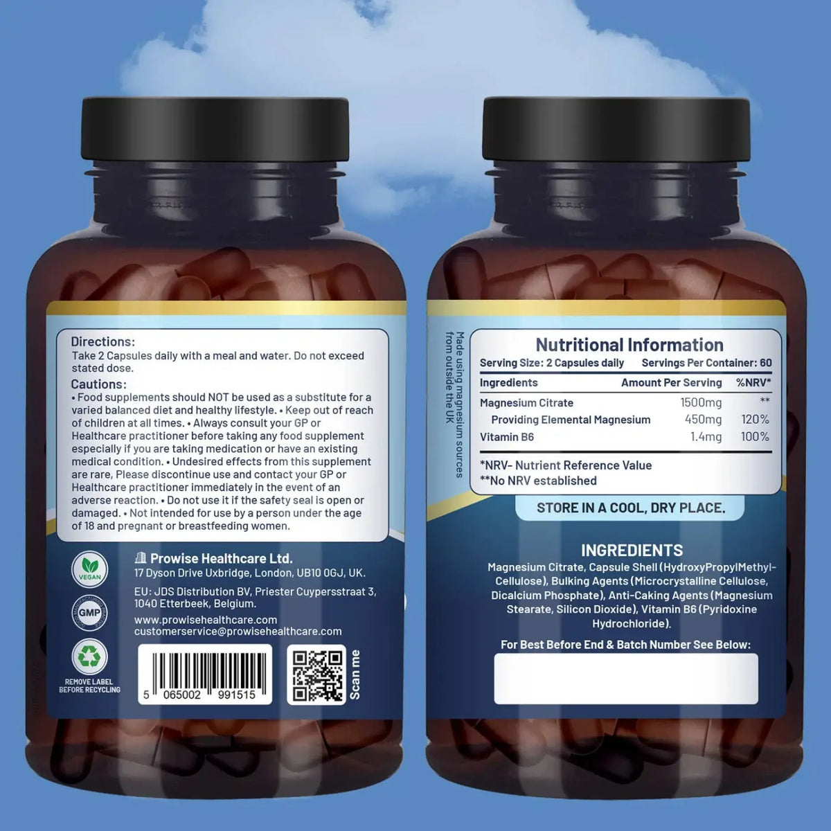 Magnesiumcitrat Kapseln mit 1500 mg und Vitamin B6, Nahrungsergänzungsmittel in einer offenen Packung, braune Kapseln.