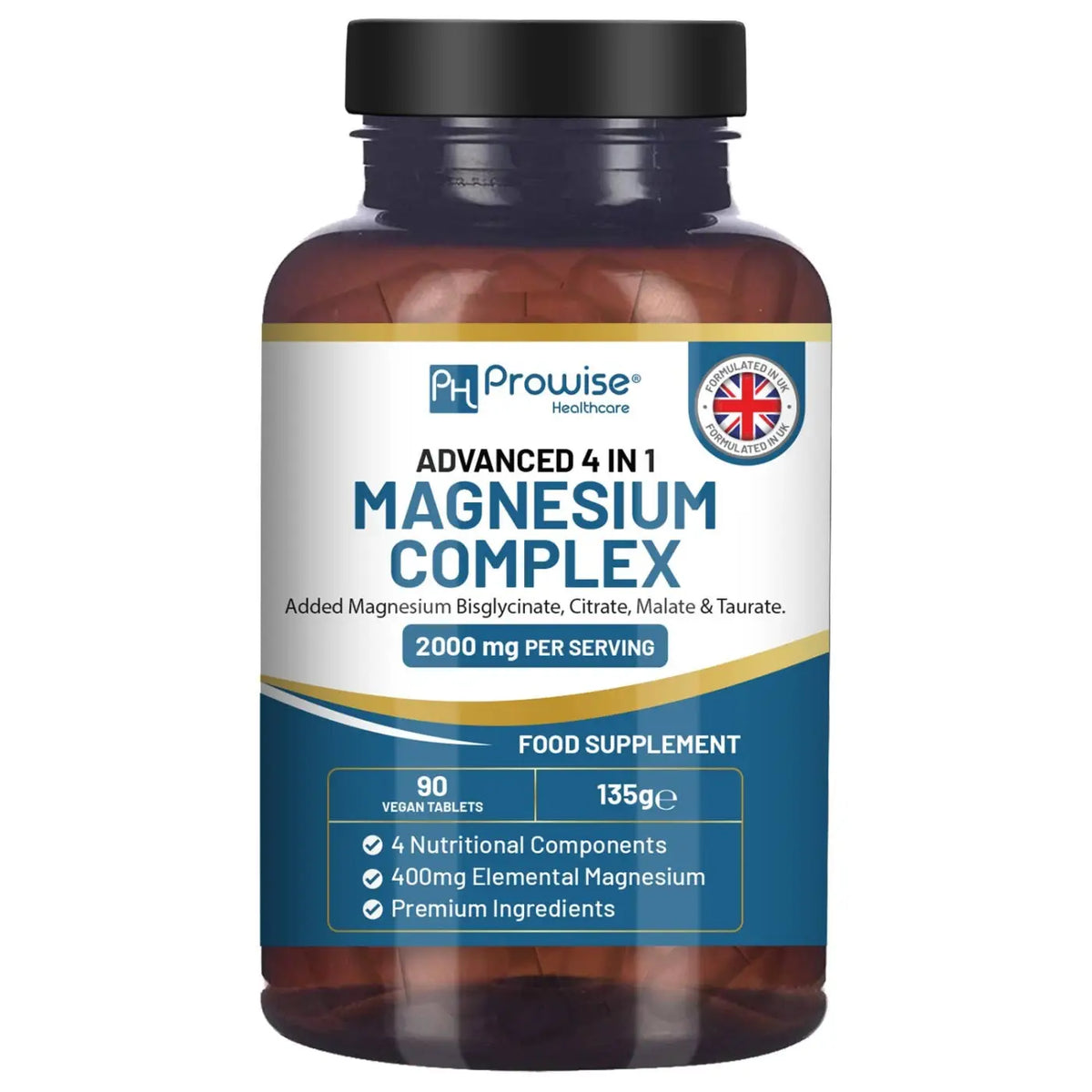 Magnesiumglycinat-Komplex von Prowise Healthcare, Nahrungsergänzung, 4-in-1 Formulierung, Tabletten auf weißem Hintergrund