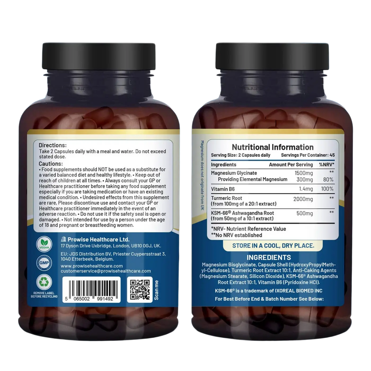 Nahrungsergänzung Magnesiumglycinat mit Ashwagandha, Kurkuma und Vitamin B6 in Pulverform, von Prowise Healthcare.