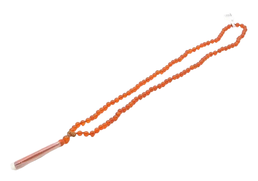 Lange Mala-Karneol-Carnelian-Schmuckkette mit orangefarbenen Perlen, handgefertigt, von GangaPrem.