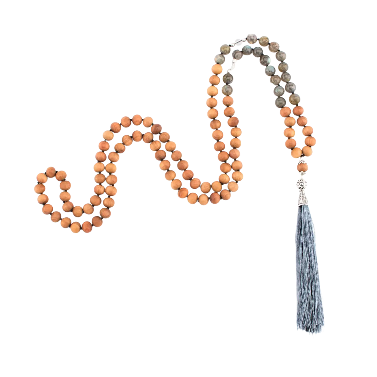 Mala-Kette mit Labradorit, Bergkristall und Holzperlen, 108 Perlen, elegantes Schmuckstück für Meditation und Spiritualität
