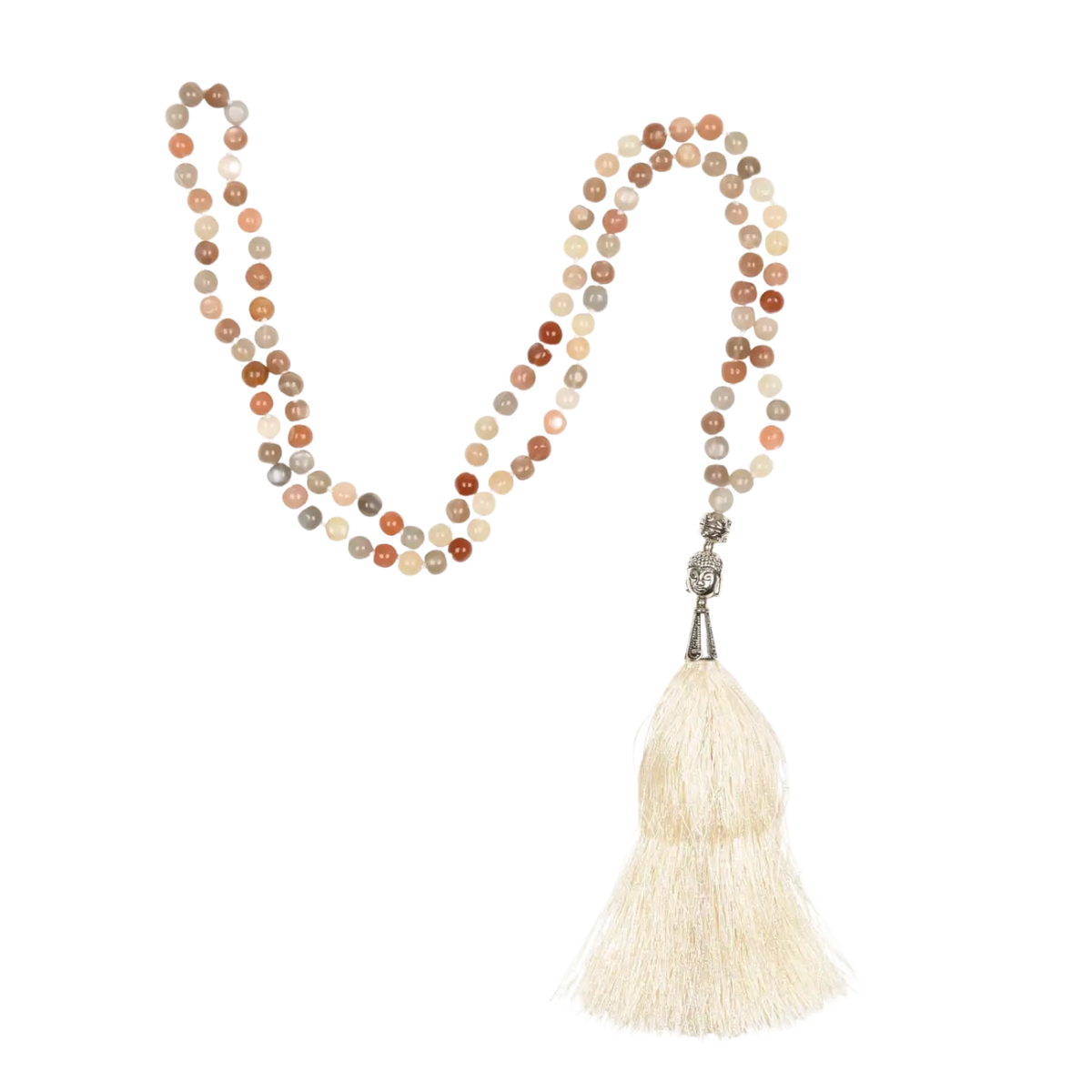 Zarte Mala Kette aus Mondstein mit 108 Perlen und weißer Quaste, handgefertigter Schmuck von Bodynova