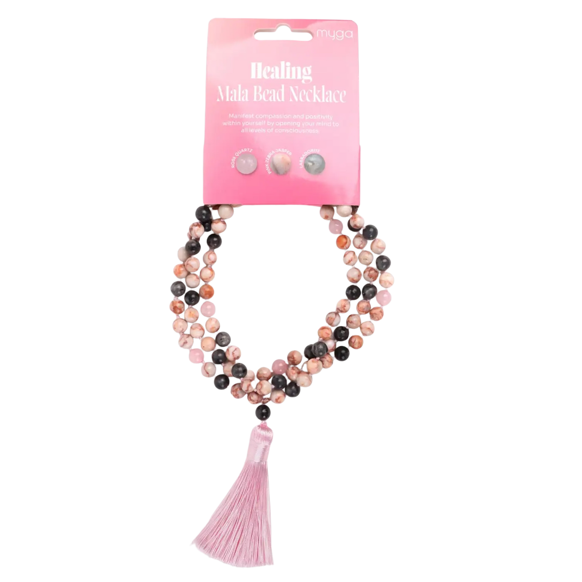 Mala Perlenkette mit Labradorit und Rosenquarz, handgefertigter Schmuck, natürliche Kristalle, elegante Halskette von Myga Eco