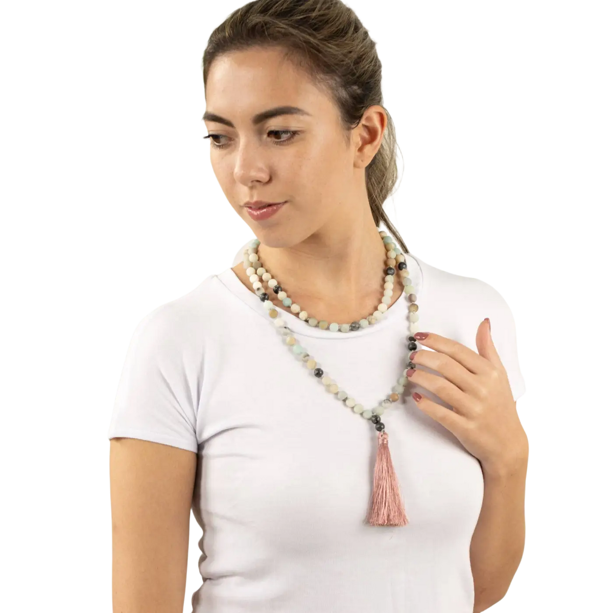 Zarte Mala Perlenkette aus Labradorit und Rosenquarz, handgefertigter Schmuck von Myga Eco, mit edlen Edelsteinperlen