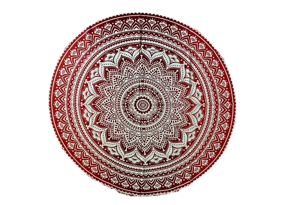 Rundes Mandala Ritualtuch von Sundara Handicrafts, rot-weiß, 200 x 220 cm, mit geometrischem Mandala-Muster.