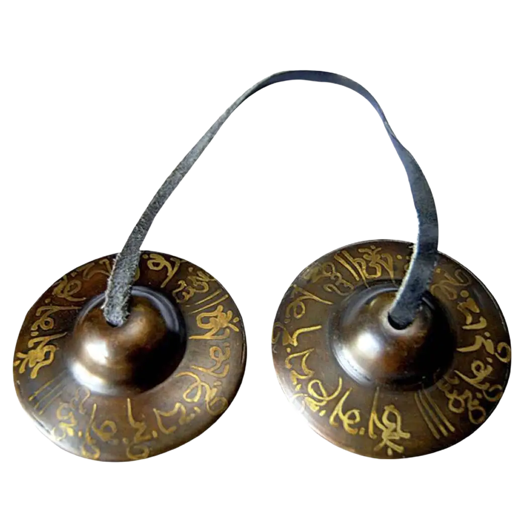 Mittlere Mantra Tingshas aus Bronze von Yak & Yeti, traditionelles Musikinstrument für Klangtherapie und Meditation.