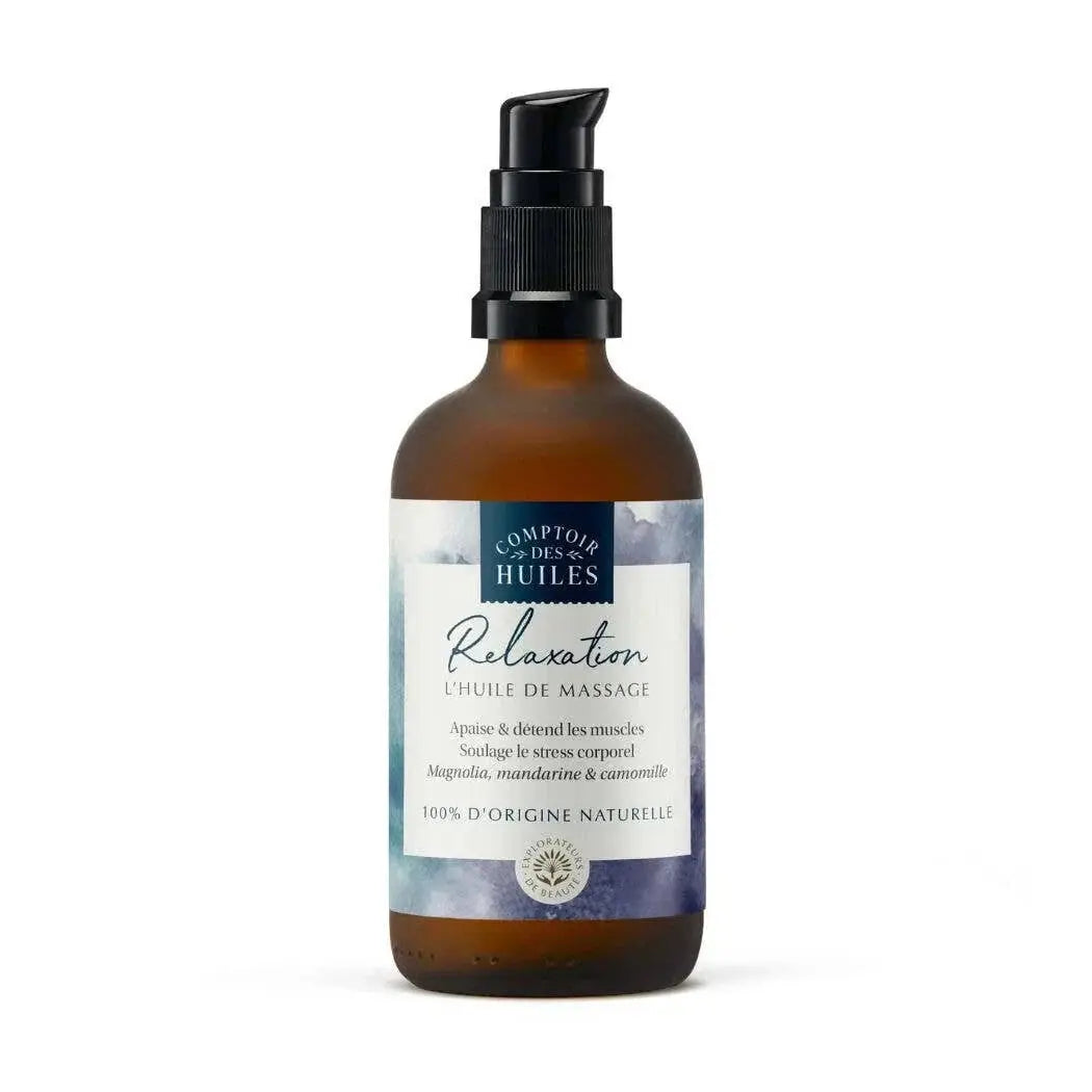 Natürliches Massageöl von Comptoir des Hules, Bio-Entspannungsmassageöl in 100 ml mit Pumpflasche, ideal für entspannende Massagen.