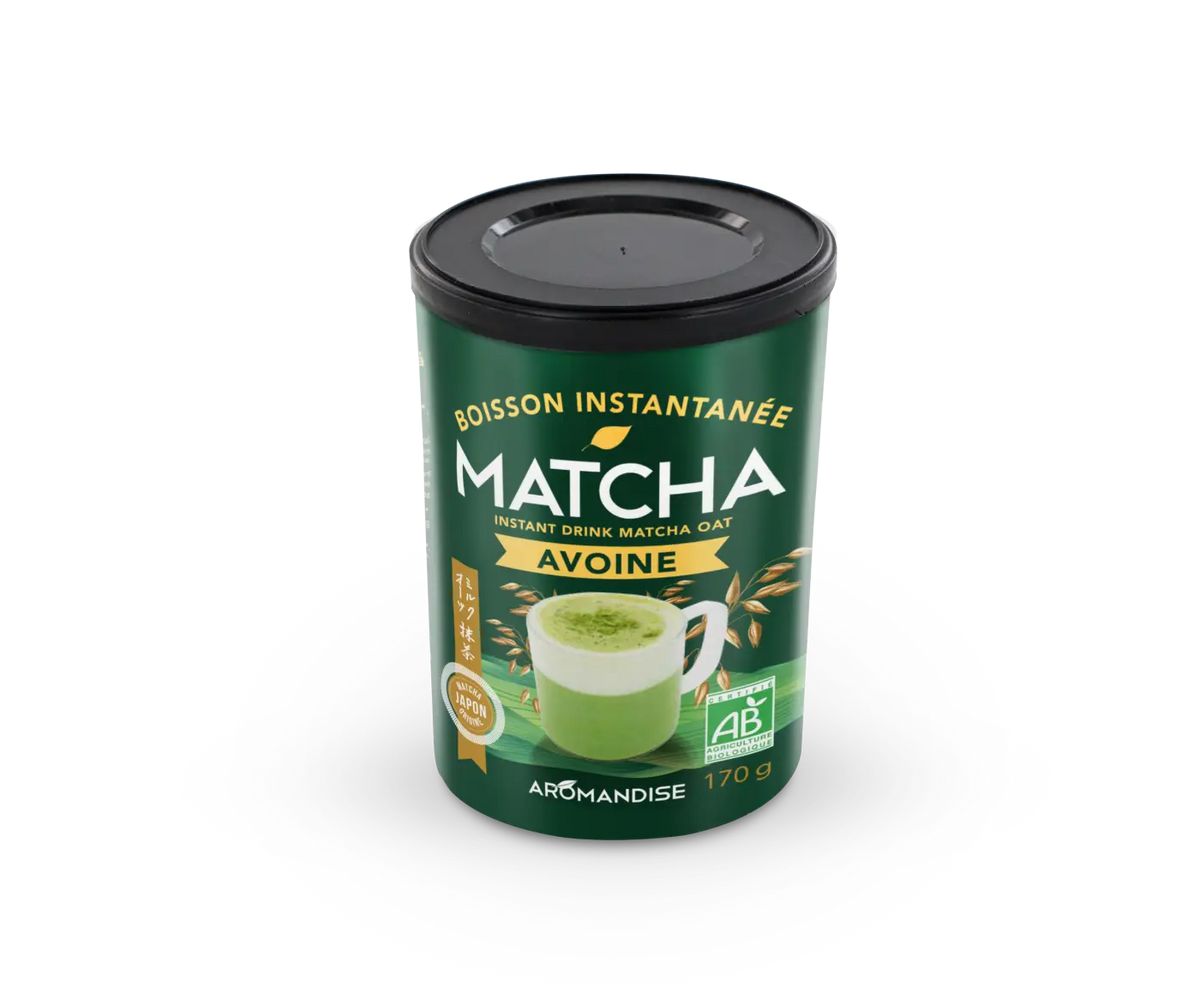 Grünes Matcha Avoine Pulver in zylindrischer Verpackung, ideal für Tee und Kaffee, von AROMANDISE, 170g.