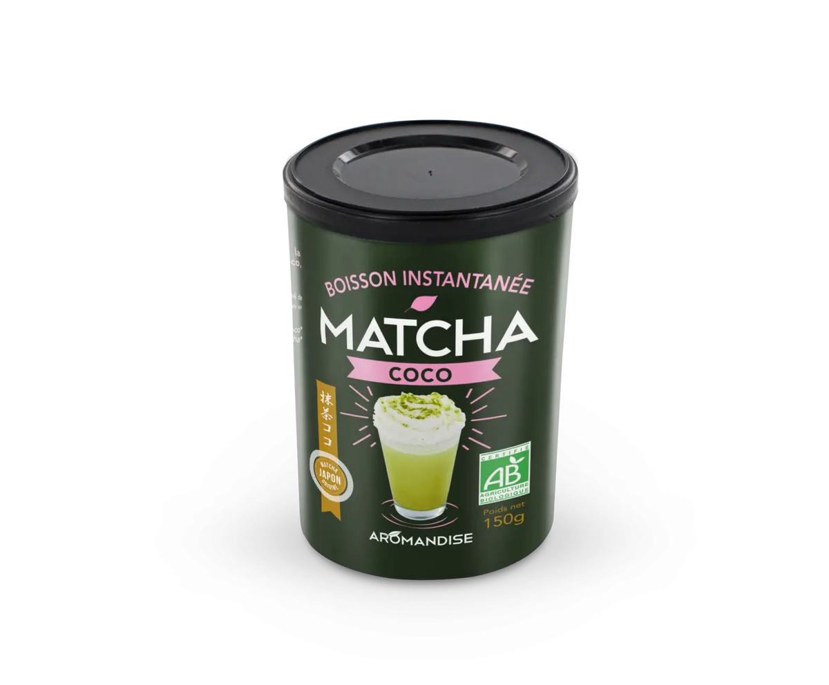 Bio Matcha Coco Grünteepulver von AROMANDISE, dunkelorange grüner Tee mit Kokosgeschmack in 150g Verpackung