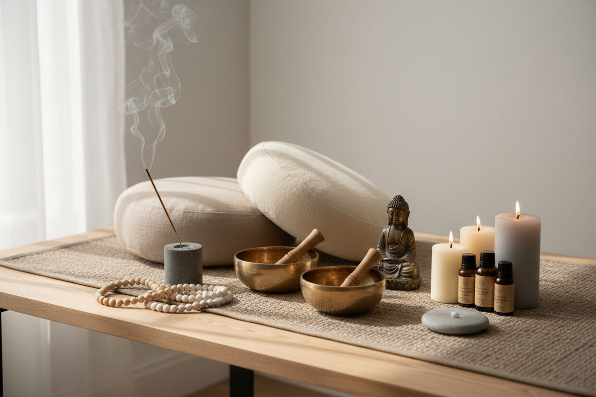 Yoga- und Meditationszubehör mit Singschalen, Räucherstäbchen, Buddha-Figur und Kerzen.