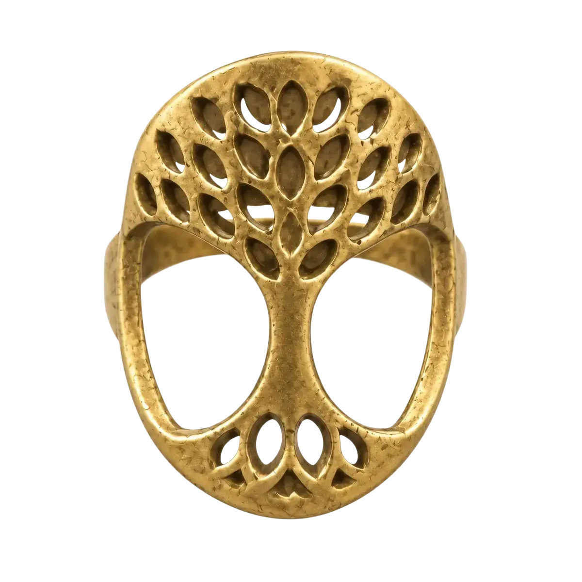 Goldfarbener messingring lebensbaum mit filigranem baumdesign und blättern im mana shop image to zoom