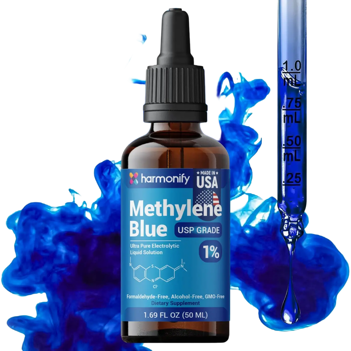 HARMONIFY Methylenblau 1% USP Nahrungsergänzung, pharmazeutische Qualität, 50 ml Flasche mit blauer Flüssigkeit