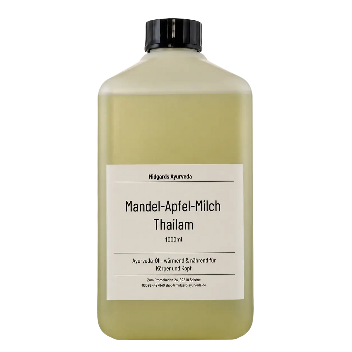 Mittelgroße Flasche Midgard Ayurveda Mandel-Apfelmilch Thailam mit transparenter, blassgelber Farbe, für Hautpflege und Aromatherapie