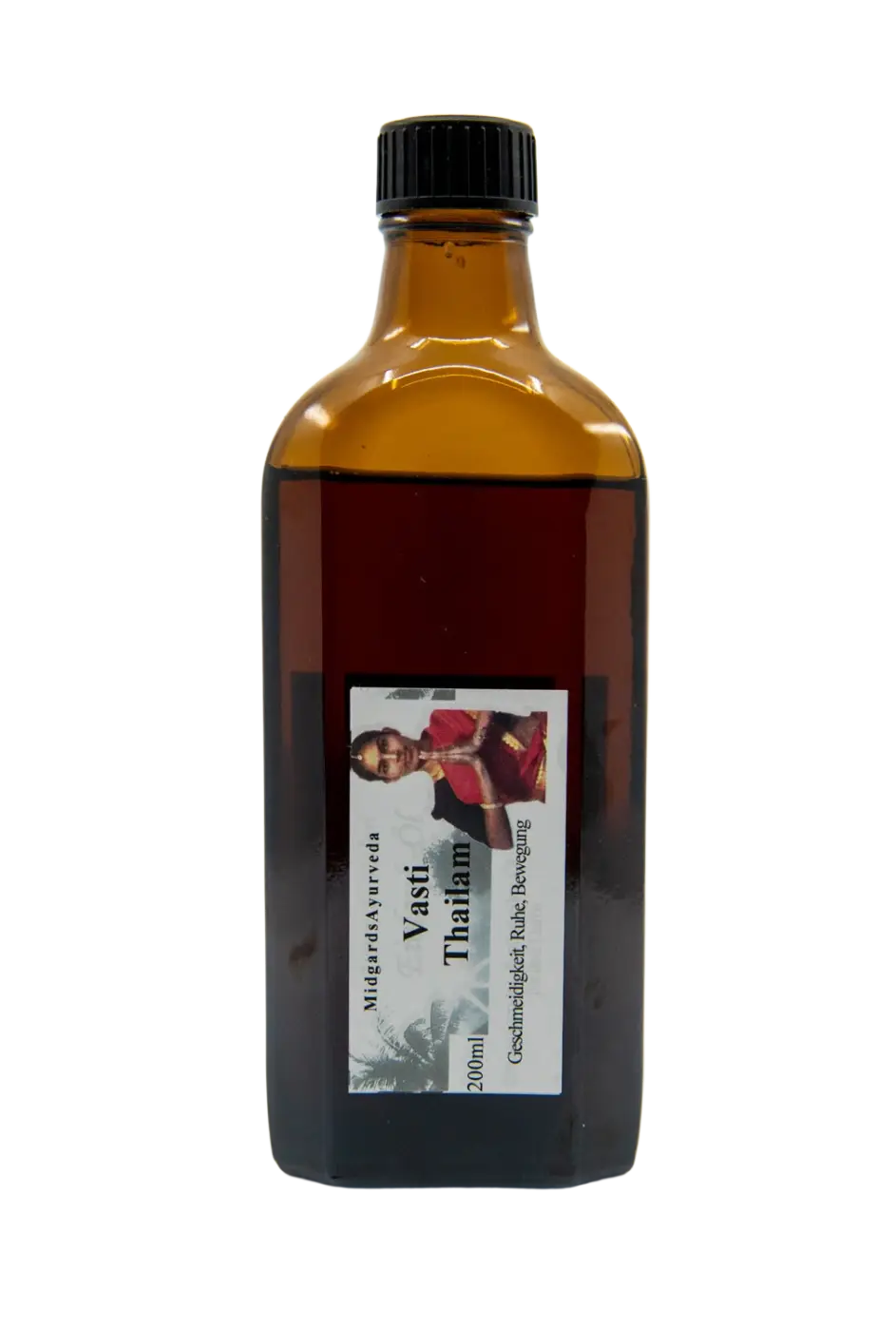 Midgard Kalari Vasti Thailam, Spezialöl für Geschmeidigkeit, Ruhe und Bewegung, in einer Flasche auf einem Holztablett