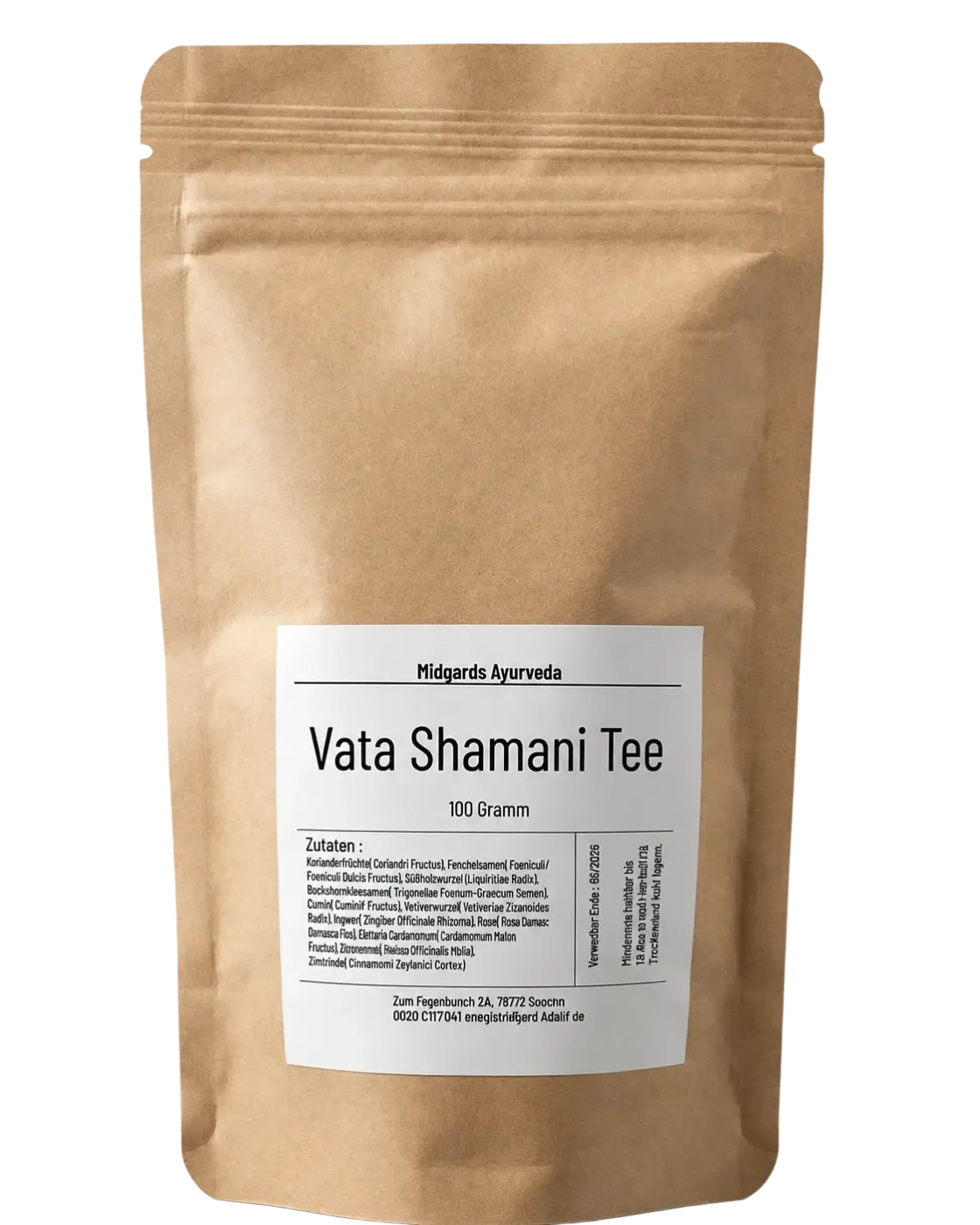 Midgard Kalari Vata Tee von Shamani, braune matte Verpackung, 100g, naturreines Kräutertee-Produkt, ideal für Wellness und Entspannung