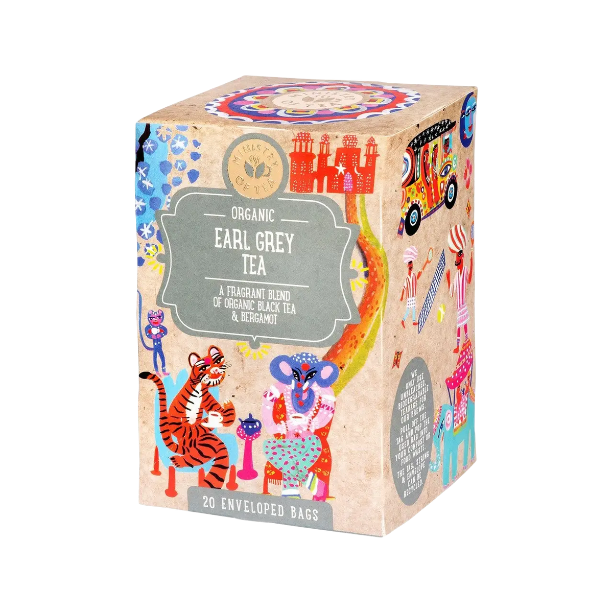 Bunt verpackter Ministry of Tea Earl Grey Schwarztee, EU Bio, frisch und aromatisch in einer Teedose.