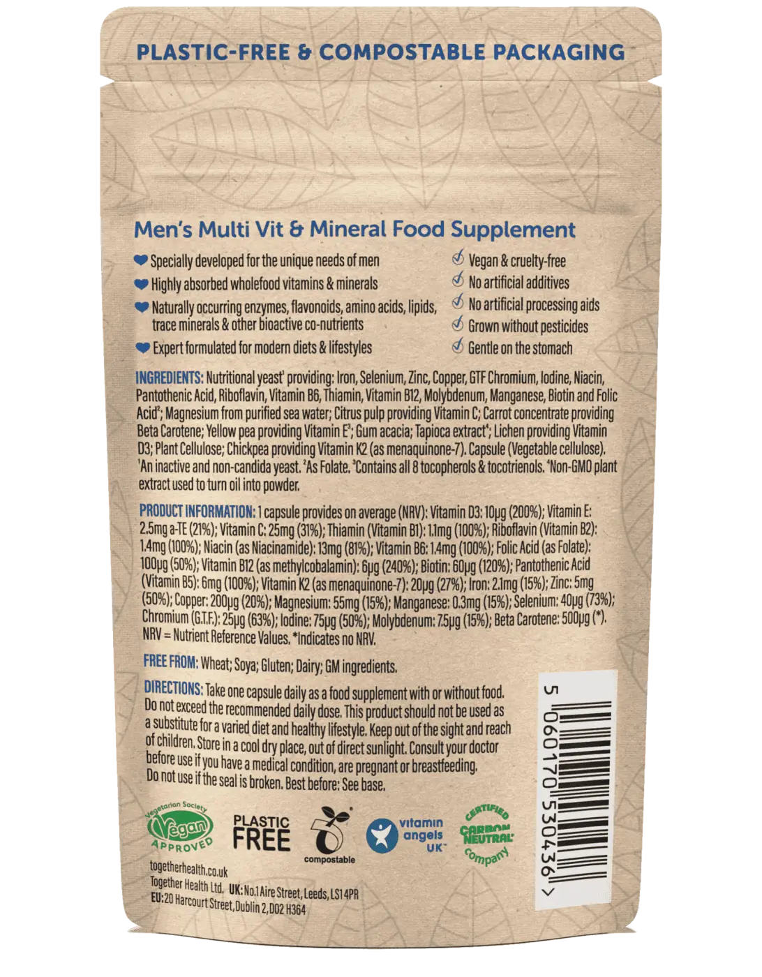 Veganer Multivitamin für Herren in 30 Kapseln, Nahrungsergänzung, Rückseite der Packung, von Together Health