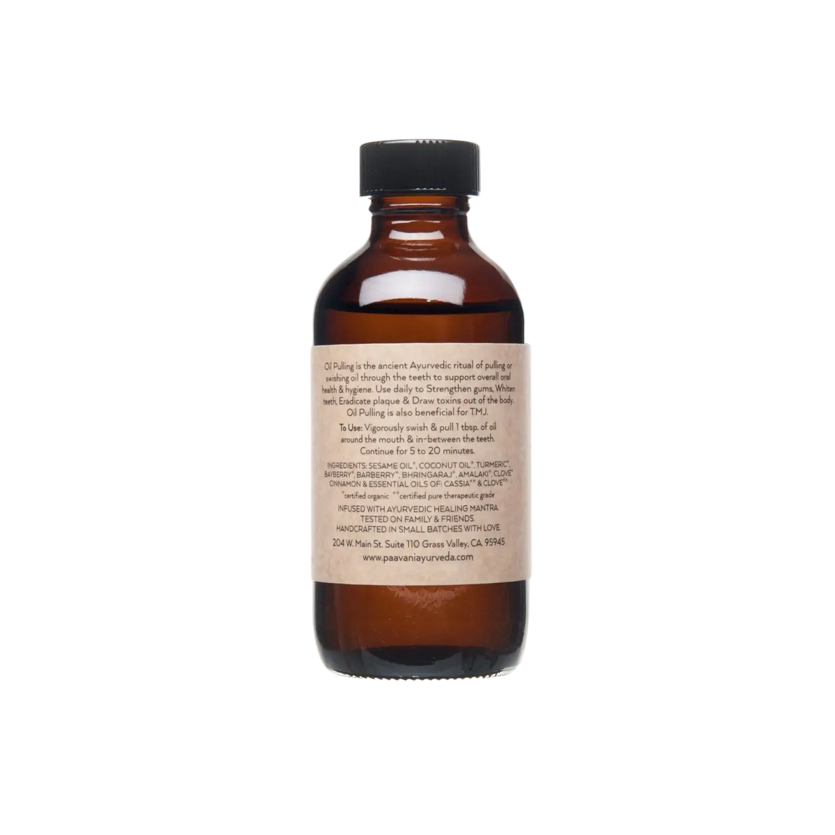 PAAVANI Ayurveda Mundölziehen mit Öl für Mundgesundheit und Entgiftung, zeigt eine Flasche mit Mundöl auf weißem Hintergrund
