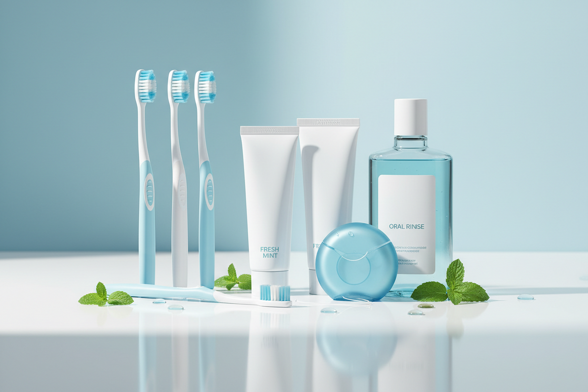 Zahnpflege-Set mit Zahnbürsten, Zahnpasta und Mundspülung in hellblauem Design.