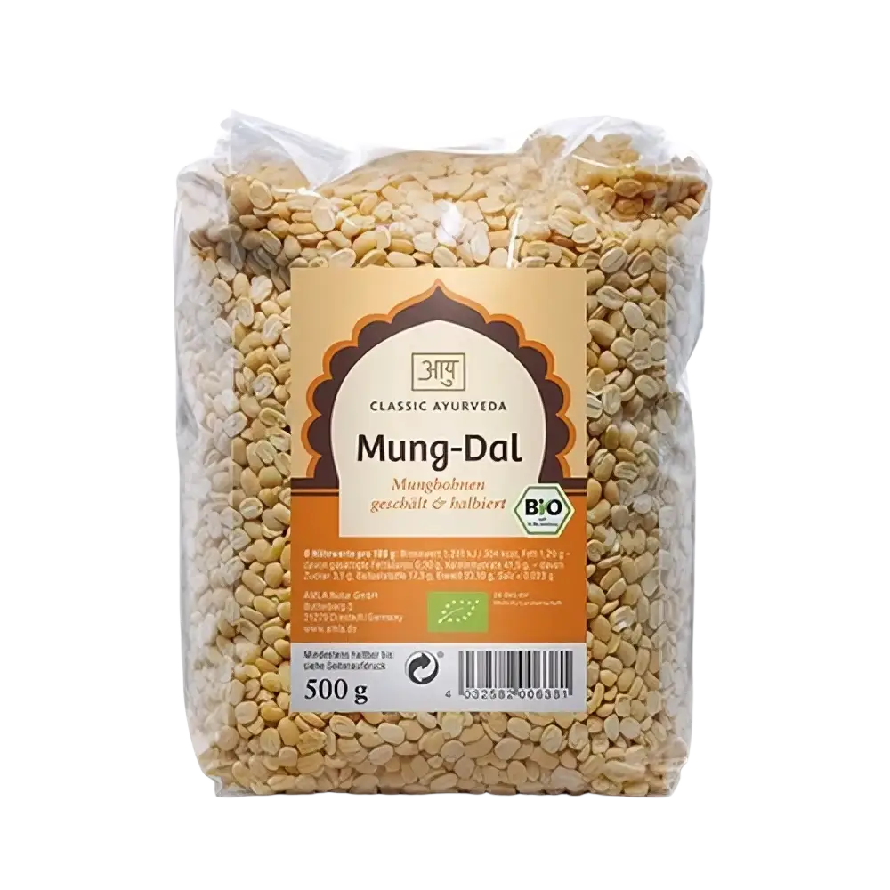 Bio Mung Dal in hellbeiger Plastiktüte, 500g, glutenfreie Hülsenfrüchte von Classic Ayurveda