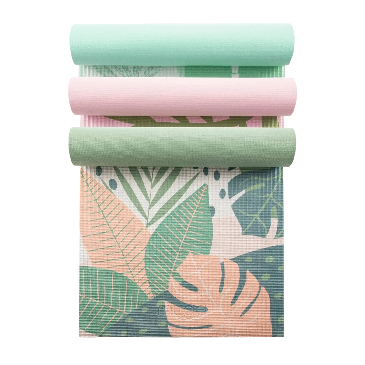 Bunte Myga Yogamatte mit attraktiven Druckdesigns, ideal für Yoga und Fitness, auf glattem Boden liegend.