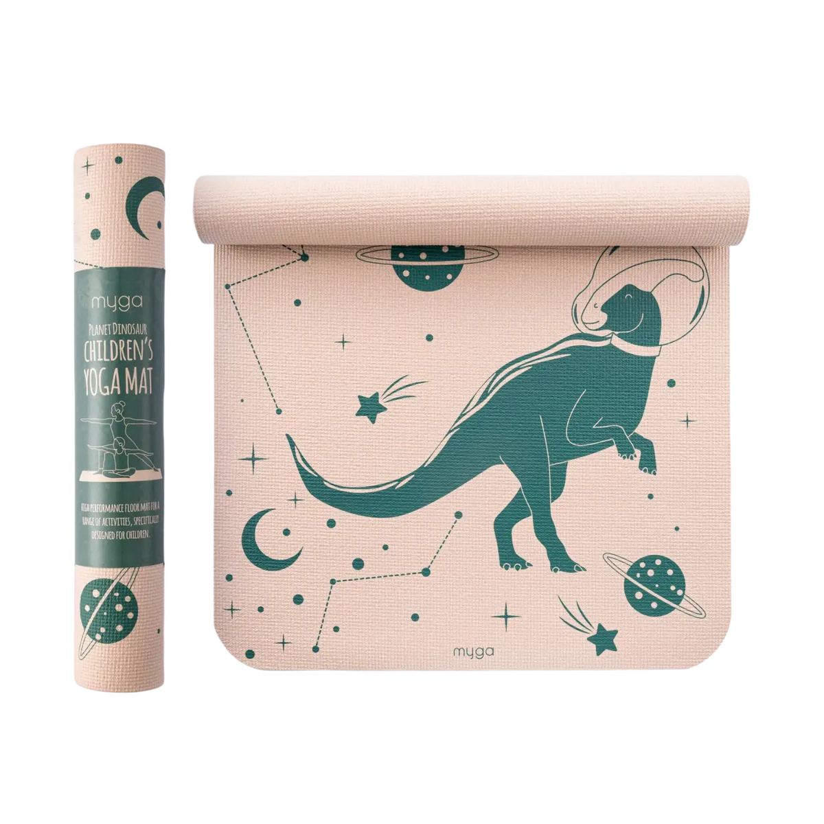 Bunte Myga Eco Space Dino Yogamatte für Kinder in Pink und Türkis, rutschfeste Yogamatte für Kinder Yogaübungen