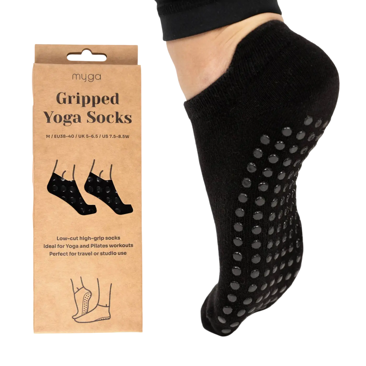 Schwarze Myga Grip Yoga Socken mit strukturierter, rutschfester Oberfläche, ideal für Yoga und Fitnessübungen.