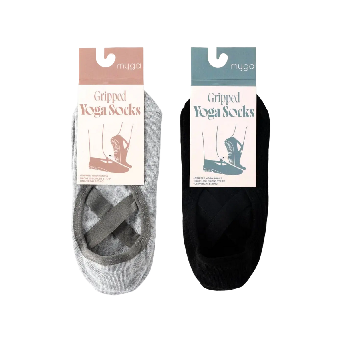 Schwarze Myga Gripped Yoga-Socken für besseren Halt beim Yoga, aus der Myga Eco Yogakleider Kollektion, auf grauem Hintergrund.