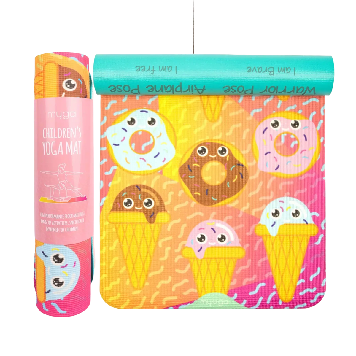 Bunte Kinder-Yogamatte von Myga Eco in leuchtendem Pink und Türkis mit verspieltem Muster, ideal für Kinder-Yoga.