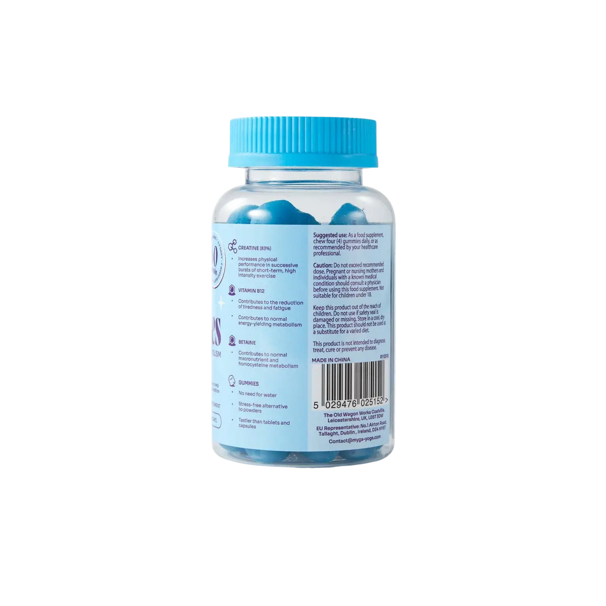 Myga Kreatin Gummies mit Blaubeergeschmack, Nahrungsergänzung zur Energie- und Muskelregeneration, in einer offenen Packung