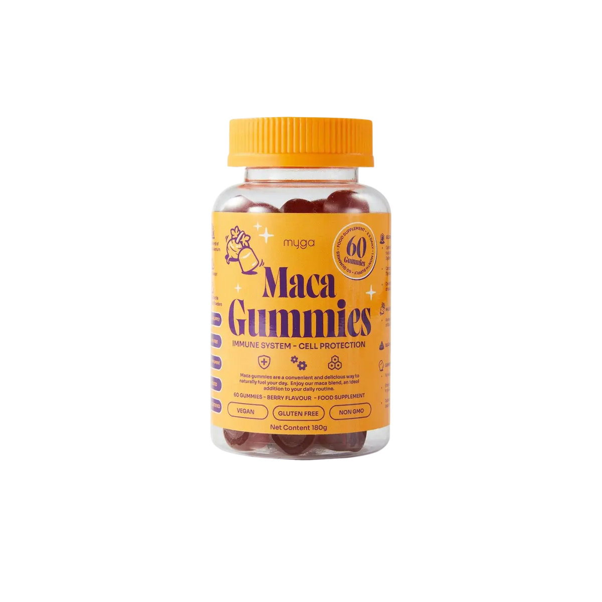 Myga Maca Gummis, vegane Beeren-Nahrungsergänzung, energiefördernd und balancierend, in einer offenen Packung mit Gummibärchen