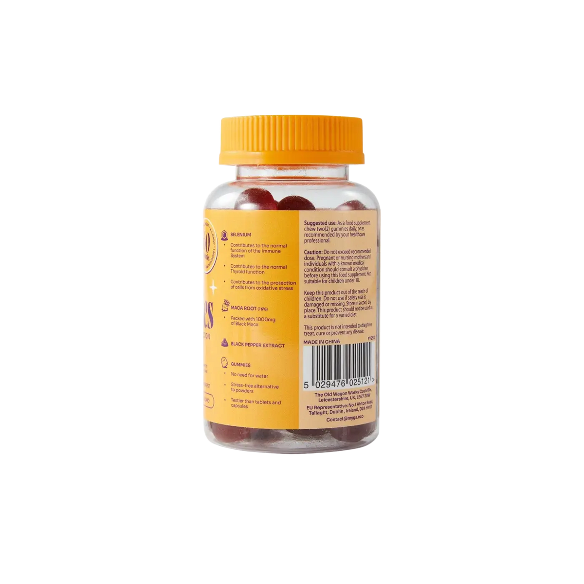 Myga Maca Gummis, vegane Beeren-Nahrungsergänzung, Energiebalance und Unterstützung in einer bunten Gummibärchen-Darstellung