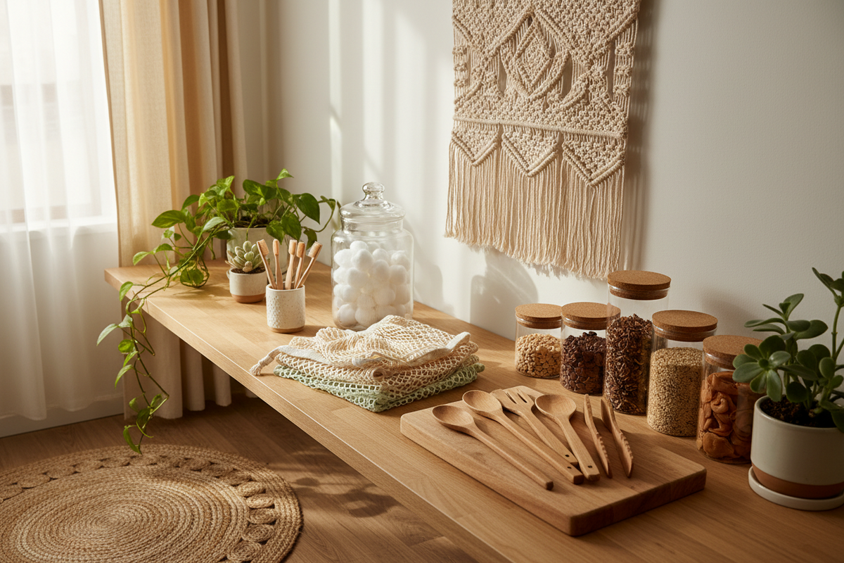 Nachhaltige Badaccessoires und Bio-Produkte in Gläsern auf einem Holzregal.