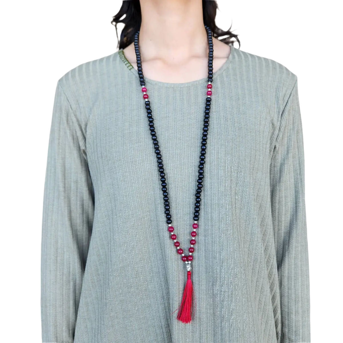 Holzperlen-Halskette mit Onyx und roten Perlen von Yak & Yeti, eleganter Schmuck mit natürlichem Design