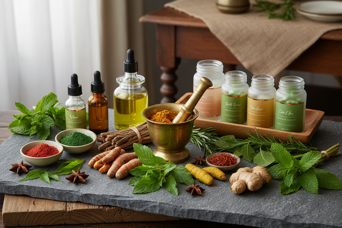 Bio-Kosmetik und natürliche Kräuter mit ätherischen Ölen und Gewürzen auf Schieferplatte.